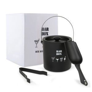 BAR BOX Matte Black BPA Free Stainless Steel Ice Bucket with Lid – 1.5L with Lid |3-Piece Bar Accessories Set with Double Walled Ice Bucket and Tongs + Ice Pick | Gift Box Included