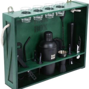 Bar Box Bartender Kit: 19-Piece Bar Tool Set with Rustic Wood Stand (Green Stand) (Black Matte)
